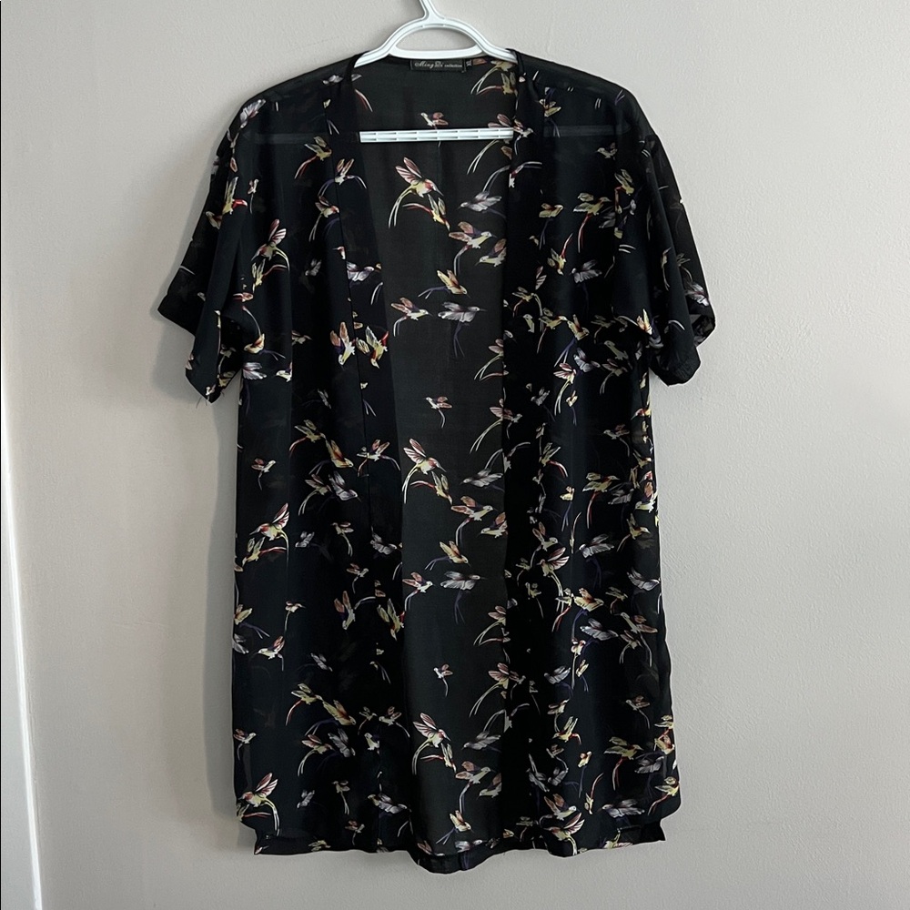 Black Sheer Kimono short sleeve bird design